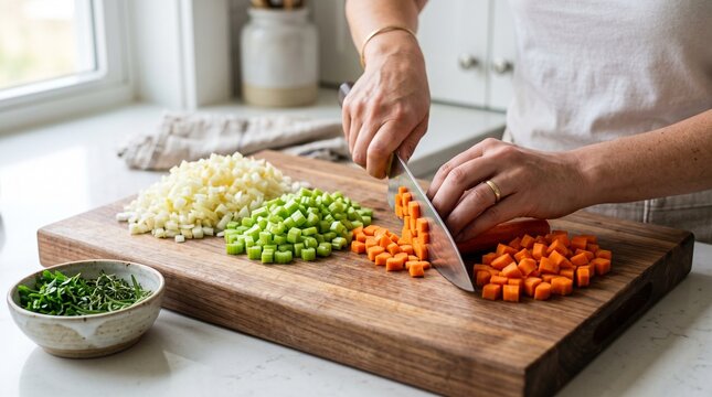 Hands Dicing Fresh Vegetables on Wooden Cutting Board