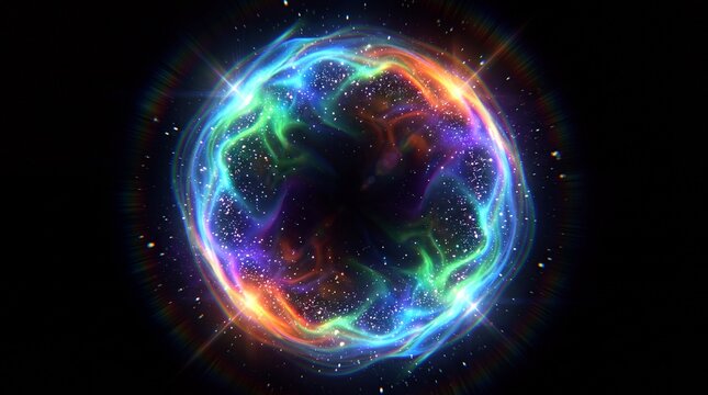 Glowing cosmic energy orb with vibrant colorful plasma swirls and sparkling stars shining brightly against a deep dark background creating a magical mystical portal effect