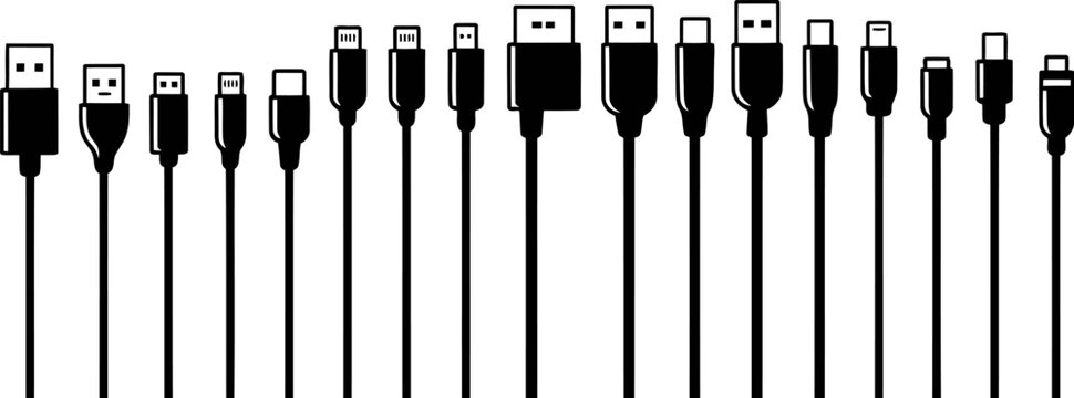 Set of various usb cable connector types in black silhouette style for technical documentation use