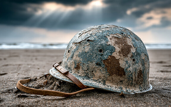Old military helmet sits on sandy beach near ocean waves under cloudy sky. This photo symbolizes D-Day and war remembrance, evoking solemn thoughts about history and sacrifice