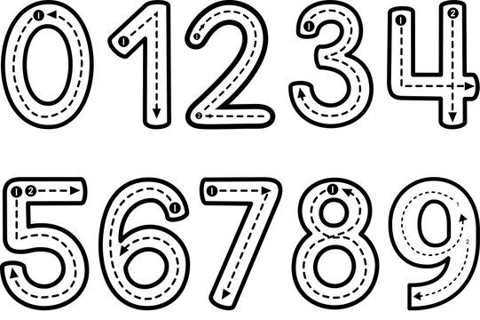 Tracing numbers from zero to nine with directional arrows worksheet design PNG file with a clean transparent background for early childhood education and primary school Handwriting Practice 0 to 9