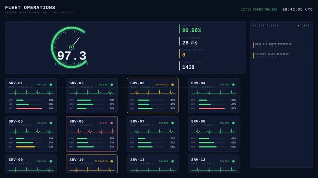 Digital dashboard displaying cloud server health monitoring metrics and network performance data
