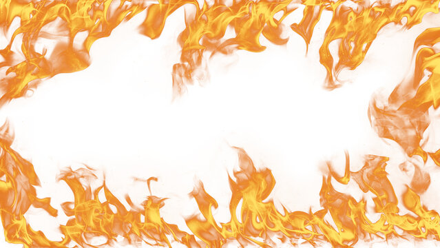 Bright orange and yellow flames forming a fiery frame on a solid black background, ideal for dramatic borders, hot design concepts, and intense graphic elements. Fire and smoke background