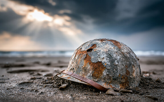 Old military helmet sits on sandy beach near ocean waves under cloudy sky. This photo symbolizes D-Day and war remembrance, evoking solemn thoughts about history and sacrifice