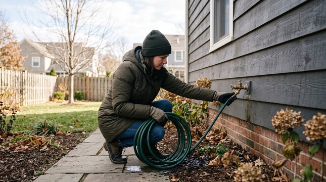 Woman Disconnecting Garden Hose from Outdoor Faucet in Autumn