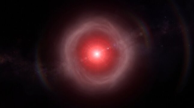 Vibrant red supernova explosion radiating brilliant light through deep space surrounded by swirling cosmic dust clouds and distant twinkling stars within the mysterious universe