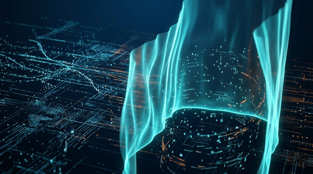 Futuristic digital data visualization with glowing blue waveforms and intricate network patterns highlighting advanced
