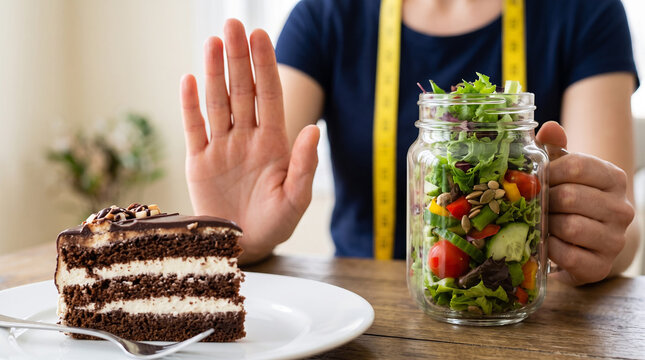 A close-up shot of a slice of chocolate on a white plate in the foreground. Behind the cake, a woman's hand is raised in a stop gesture with a bowl of salad. healthy eating concept.
