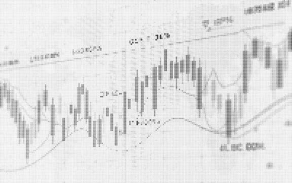 Abstract halftone financial chart showing stock market trading trends and candlestick patterns