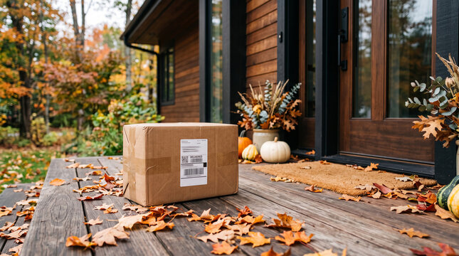 Cardboard package placed on wooden porch surrounded by autumn leaves, with pumpkins, decorative plants near the entrance of a modern house, concept of doorstep delivery in a cozy seasonal setting