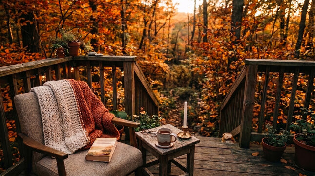Cozy outdoor seating area with a chair draped in a knitted blanket, a wooden table with a cup of tea, and a scenic view of autumn foliage in a forest setting, for seasonal relaxation and leisure theme