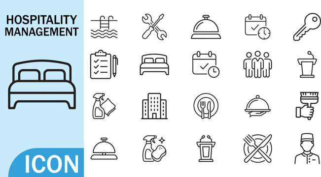 Hospitality management icons for hotel services and operations