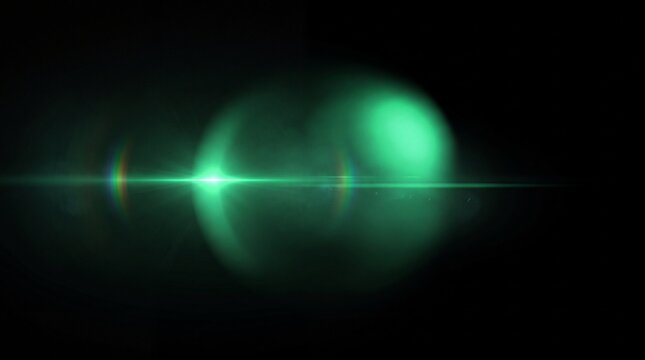 Bright green optical lens flare effect featuring glowing streaks and circular light bokeh patterns isolated on a completely dark black studio background backdrop