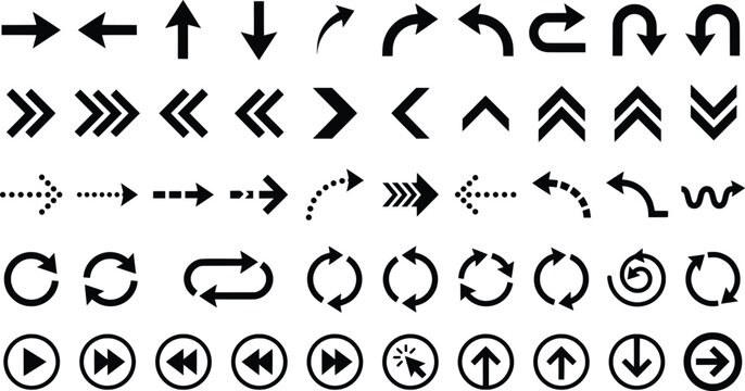 Minimalist black arrow icon set, 50 vector navigation symbols for UI design, versatile directional pointers and cursor elements in EPS format