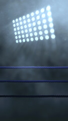Fototapeta premium Empty boxing ring with blue ropes illuminated by bright stadium floodlights through dark atmospheric smoke and mist. Dramatic combat sports arena background. Sport background