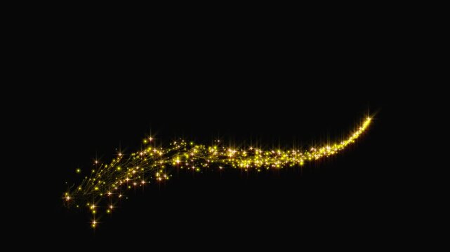 Golden stars and glitter bokeh line trail with magical sparkle particles, glowing doodle stars, luxury shine and smooth wave movement creating an elegant transition on black screen, 4k video
