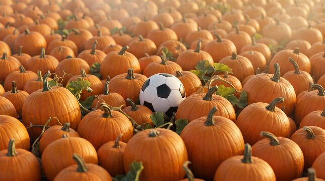 Field of orange pumpkins with a single soccer ball nestled among them, surrounded by green vines and leaves, creating a unique autumn scene, that combines Halloween symbolism with football culture