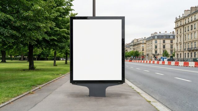 Blank vertical city billboard mockup on a city street sidewalk under daylight. Ideal for advertising design presentations and out-of-home marketing campaigns.