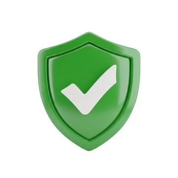 Green shield icon with a white check mark symbol isolated on transparent background