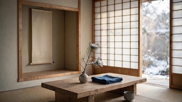 Minimal Japanese teahouse corner with a low wooden table holding a ceramic vase with a snow-dusted pine sprig in winter light