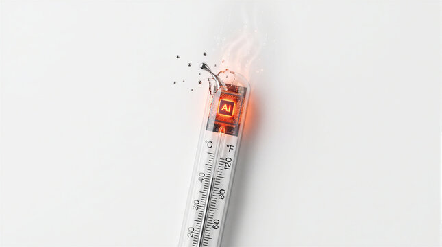 3D render of a glowing AI processor microchip breaking a glass thermometer. Visual metaphor for artificial intelligence overheating, tech market fever, hardware overload, and energy consumption