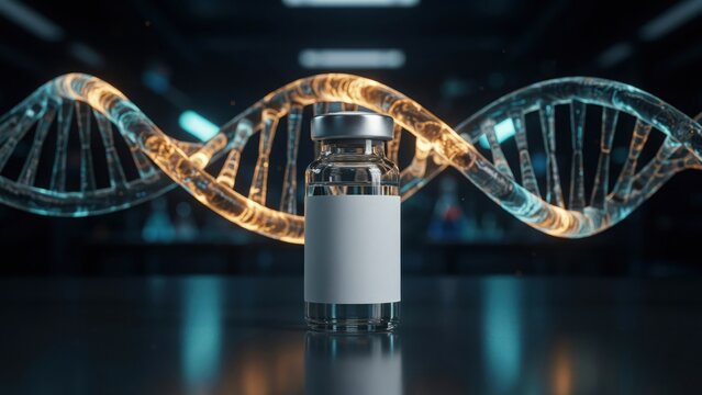 A medical vaccine vial stands before a glowing DNA strand in a dark laboratory. Symbolizing genetic research and innovative biotechnology advancements.