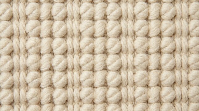 Textured fabric background featuring a close-up view of woven cream-colored yarn with a pattern of raised loops and flat sections, ideal for textile design and interior decor applications