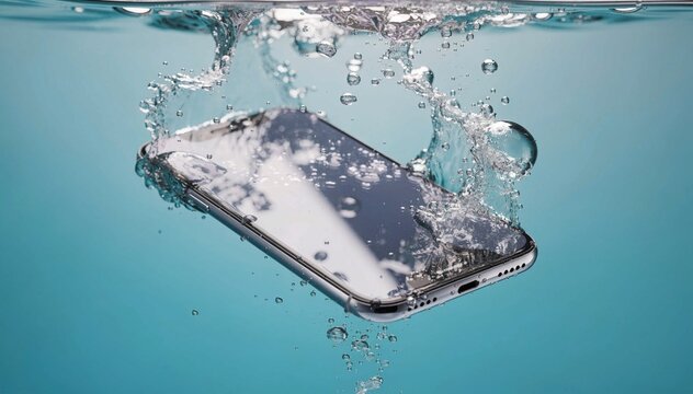Smartphone splashing underwater closeup, water bubbles and droplets, waterproof technology, modern mobile device submerged in turquoise liquid, tech product photography, durability demonstration,