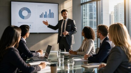 Obraz na płótnie Canvas Confident businessman in dark suit leading diverse corporate boardroom meeting with charts on screen, glass table, laptops, and city skyline view through large windows