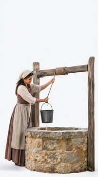 Woman drawing water from a well with a bucket in a rustic setting  