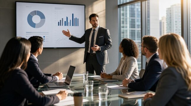Confident businessman in dark suit leading diverse corporate boardroom meeting with charts on screen, glass table, laptops, and city skyline view through large windows