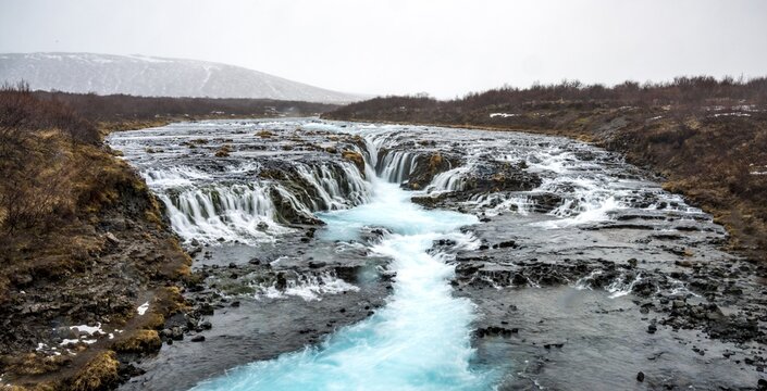 Waterfall Bruarfoss in winter, in Selfoss, Southern Region, Iceland