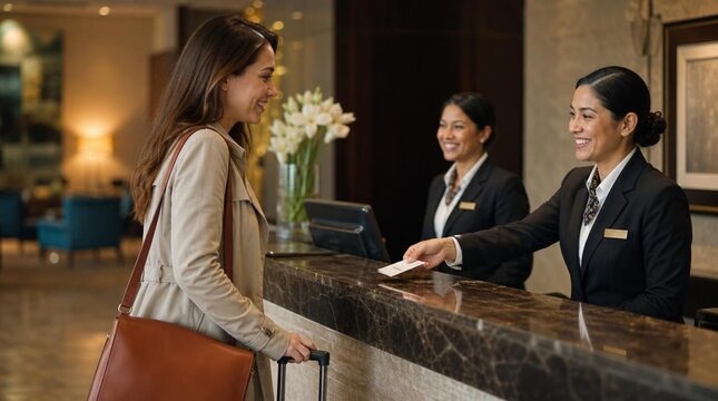 Smiling female traveler with rolling suitcase checks in at elegant hotel reception desk, handed room key card by two professional Asian female concierges in dark uniforms