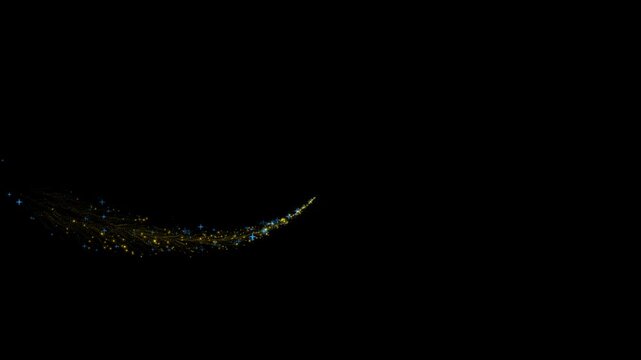 Golden sparkling star dust trail with glowing doodle stars, twinkling bokeh lights, magical particle waves and smooth glitter movement creating a luxury motion graphic on black background, 4k