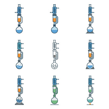 Set of Soxhlet extractor glassware icons for chemistry laboratory solvent extraction setup vector illustration.