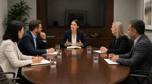 Five diverse business professionals seated around an oval conference table in a sleek meeting room, engaged in discussion, taking notes with laptops and notepads in corporate office
