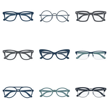 Set of stylish modern eyeglasses and optical frames in various designs isolated on white background.