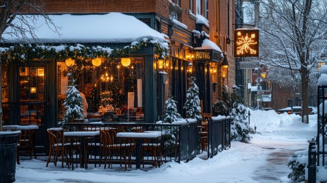 Snowy Winter Evening at a Cozy Outdoor Cafe