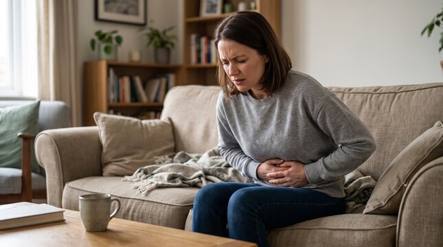 Woman Suffering from Abdominal Pain While Sitting on Sofa at Home