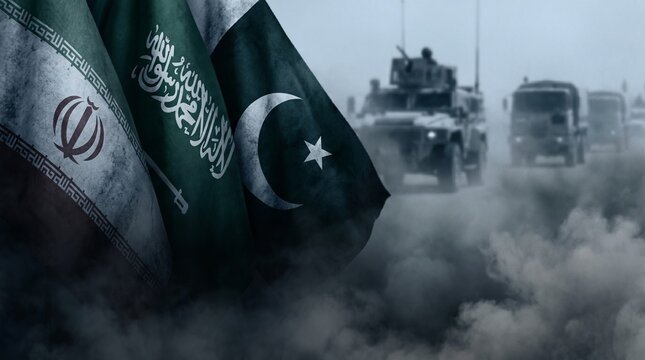 Flags of Iran, Saudi Arabia and Pakistan with military vehicles in background, smoke and dust in the air. Concept of geopolitical rivalry, oil politics, resource control, Middle East conflict