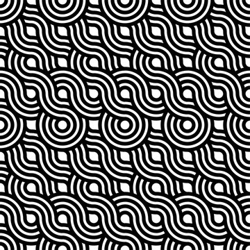 Seamless pattern of black circles and wavey interlocking lines