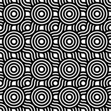 Seamless pattern of black circles and wavey interlocking lines