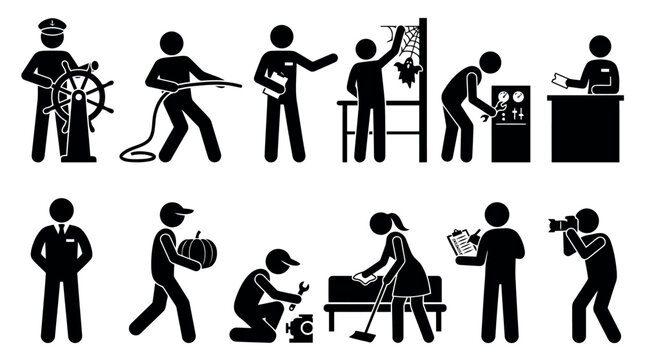 Set of stick figure professions and occupations, workers and employees, icons, pictograms