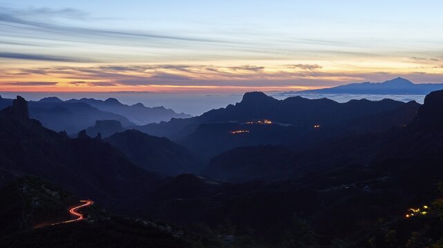 Dusk, dark mountains, light trails, Tenerife, Massif Central, mountain landscape, Gran Canaria, Canary Islands, Spain