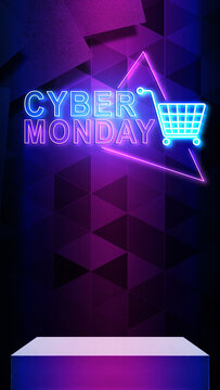 A vertical Cyber Monday sale background with neon glowing text, shopping cart icon, and a display podium on a purple geometric pattern backdrop. Concept of Cyber Monday Sale