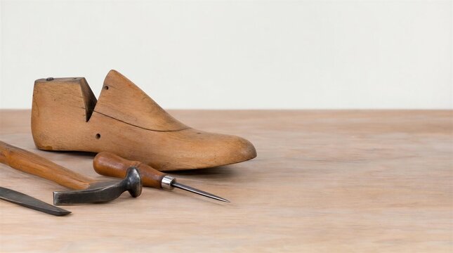 Wooden shoe last and cobbler tools on a wooden workbench  