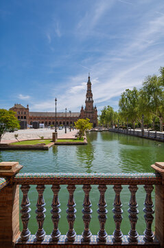 Bridge over the semicircular lake canal of the world-famous Plaza de Espana square, Spain