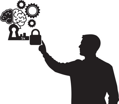High Quality, Professional Silhouette of man interacting with brain and lock icons and gears floating in air  security and intelligence concept Stock Photo, AI Generated