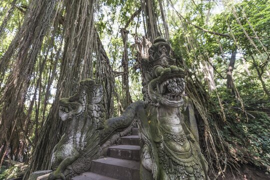 Bridge with dragon statues, Sacred Monkey Forest Sanctuary, Ubud, Bali, Indonesia