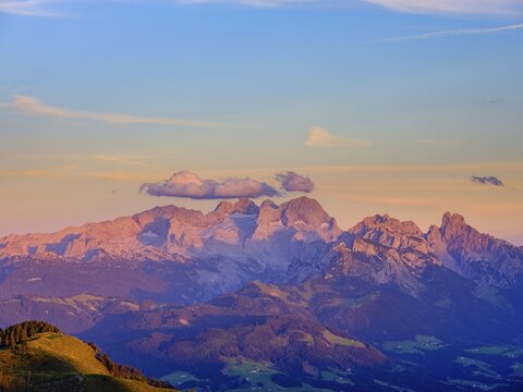 Alpine panorama, Hoher Dachstein at dusk, Upper Austria, Austria